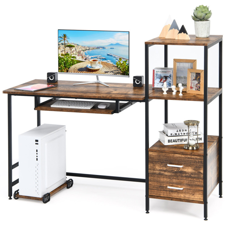 55.5 Inch Computer Desk with Movable Stand and Bookshelves-Rustic BrownCostway Gallery View 8 of 12